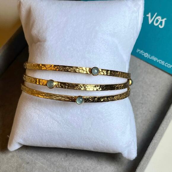 Julie Vos Gold Bangles Set of 3 Blue Stackable Bracelets Boho Layered dainty - Picture 2 of 11